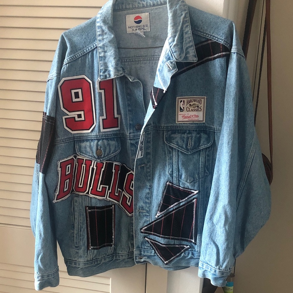 Pepsi Light Blue Denim Bulls Patch Bomber Jacket